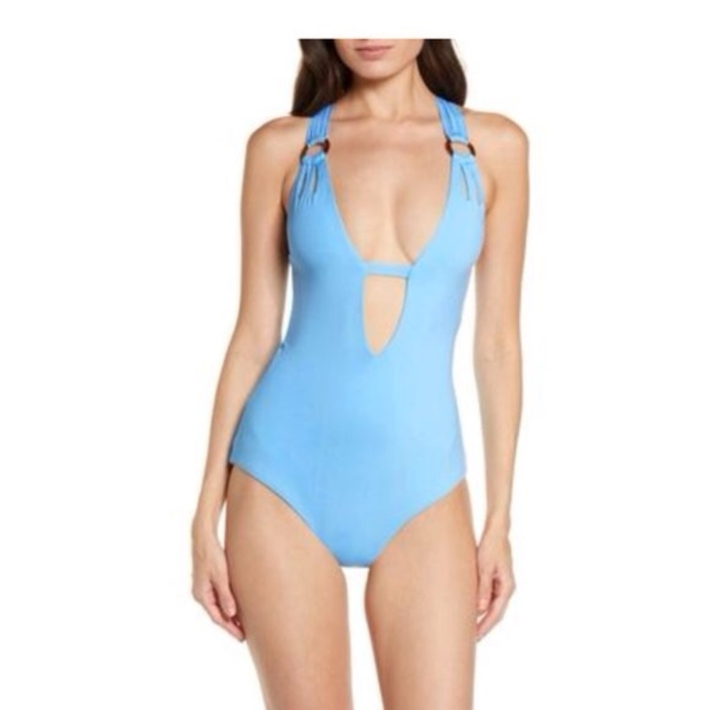 Becca Rebecca Virtue Powder Blue Skyler Plunge Tie Back One Piece Swimsuit S